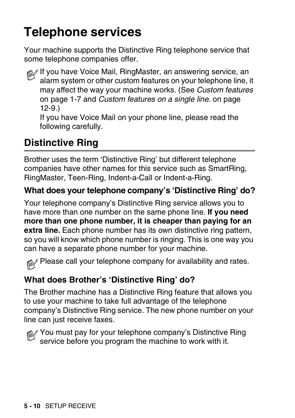 Telephone services, Distinctive ring, What does brother’s ‘distinctive ring’ do | Telephone services -10, Distinctive ring -10, What does your telephone company’s, Distinctive ring’ do? -10, What does brother’s ‘distinctive ring’ do? -10 | Brother FAX-1820C User Manual | Page 74 / 181