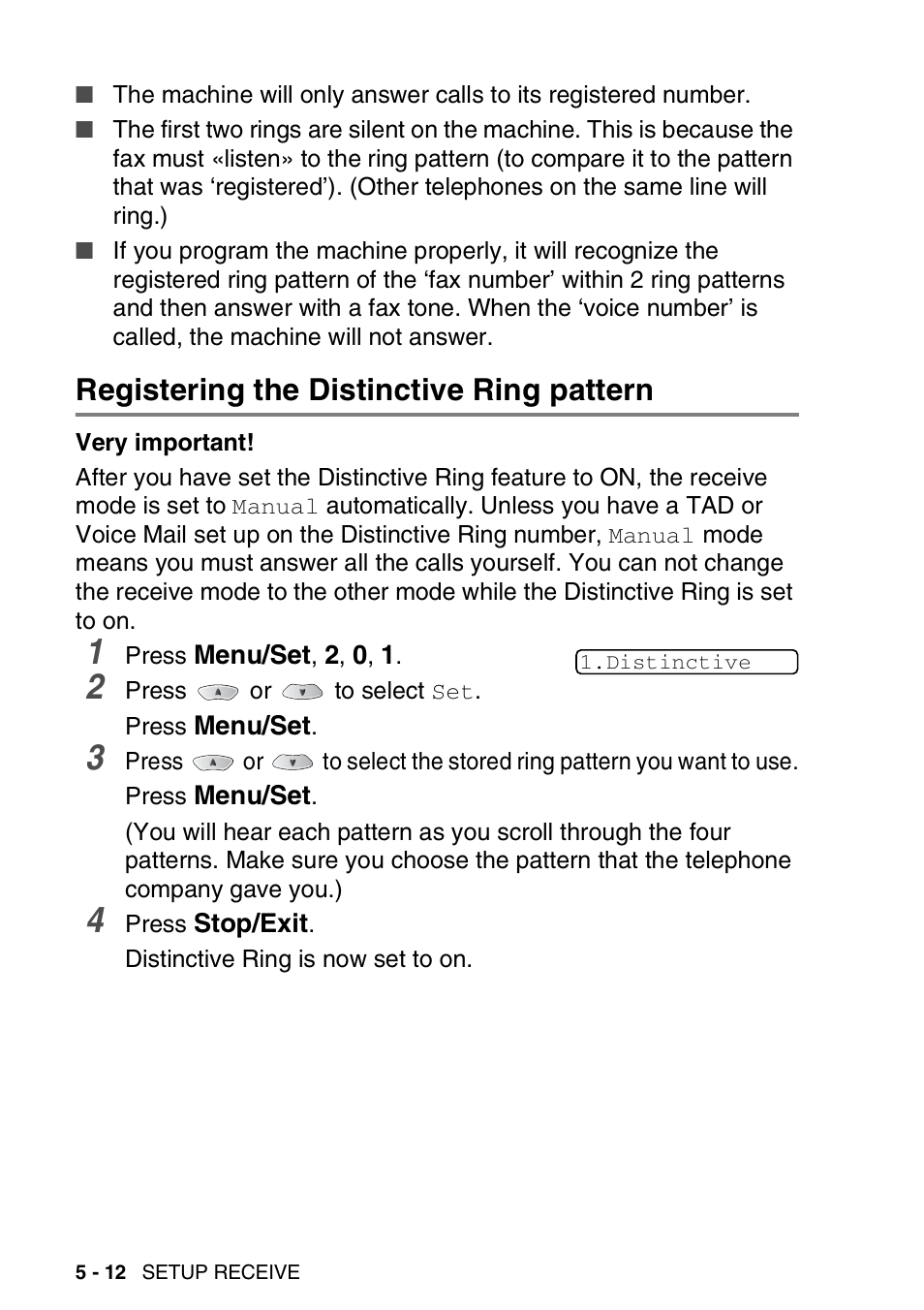 Registering the distinctive ring pattern, Registering the distinctive ring pattern -12 | Brother FAX-1820C User Manual | Page 76 / 181