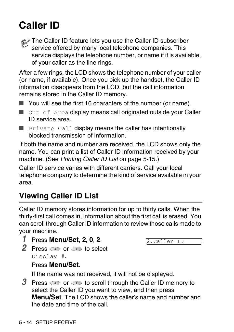 Caller id, Viewing caller id list, Caller id -14 | Viewing caller id list -14 | Brother FAX-1820C User Manual | Page 78 / 181