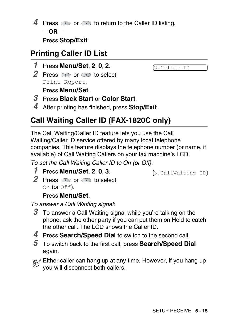 Printing caller id list, Call waiting caller id (fax-1820c only) | Brother FAX-1820C User Manual | Page 79 / 181