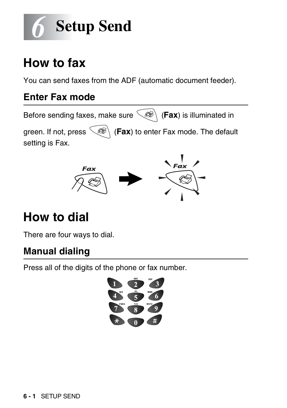 6 setup send, How to fax, Enter fax mode | How to dial, Manual dialing, Setup send -1, How to fax -1, Enter fax mode -1, How to dial -1, Manual dialing -1 | Brother FAX-1820C User Manual | Page 80 / 181