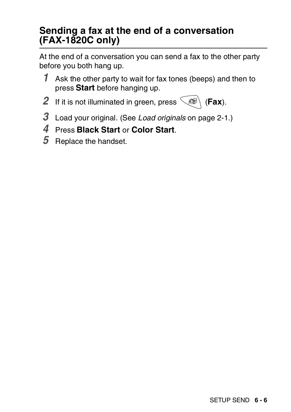 Sending a fax at the end of a conversation, Fax-1820c only) -6 | Brother FAX-1820C User Manual | Page 85 / 181
