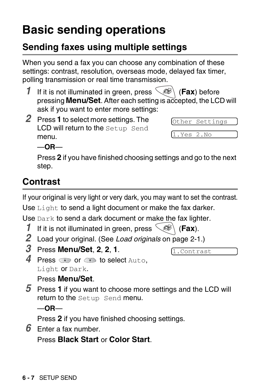 Basic sending operations, Sending faxes using multiple settings, Contrast | Basic sending operations -7 | Brother FAX-1820C User Manual | Page 86 / 181