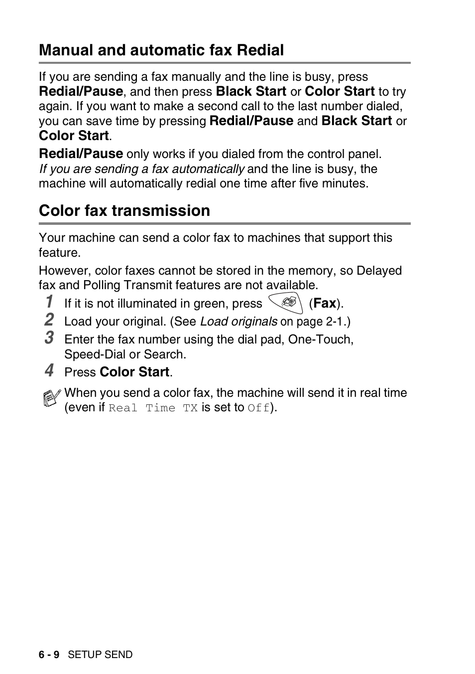 Manual and automatic fax redial, Color fax transmission | Brother FAX-1820C User Manual | Page 88 / 181