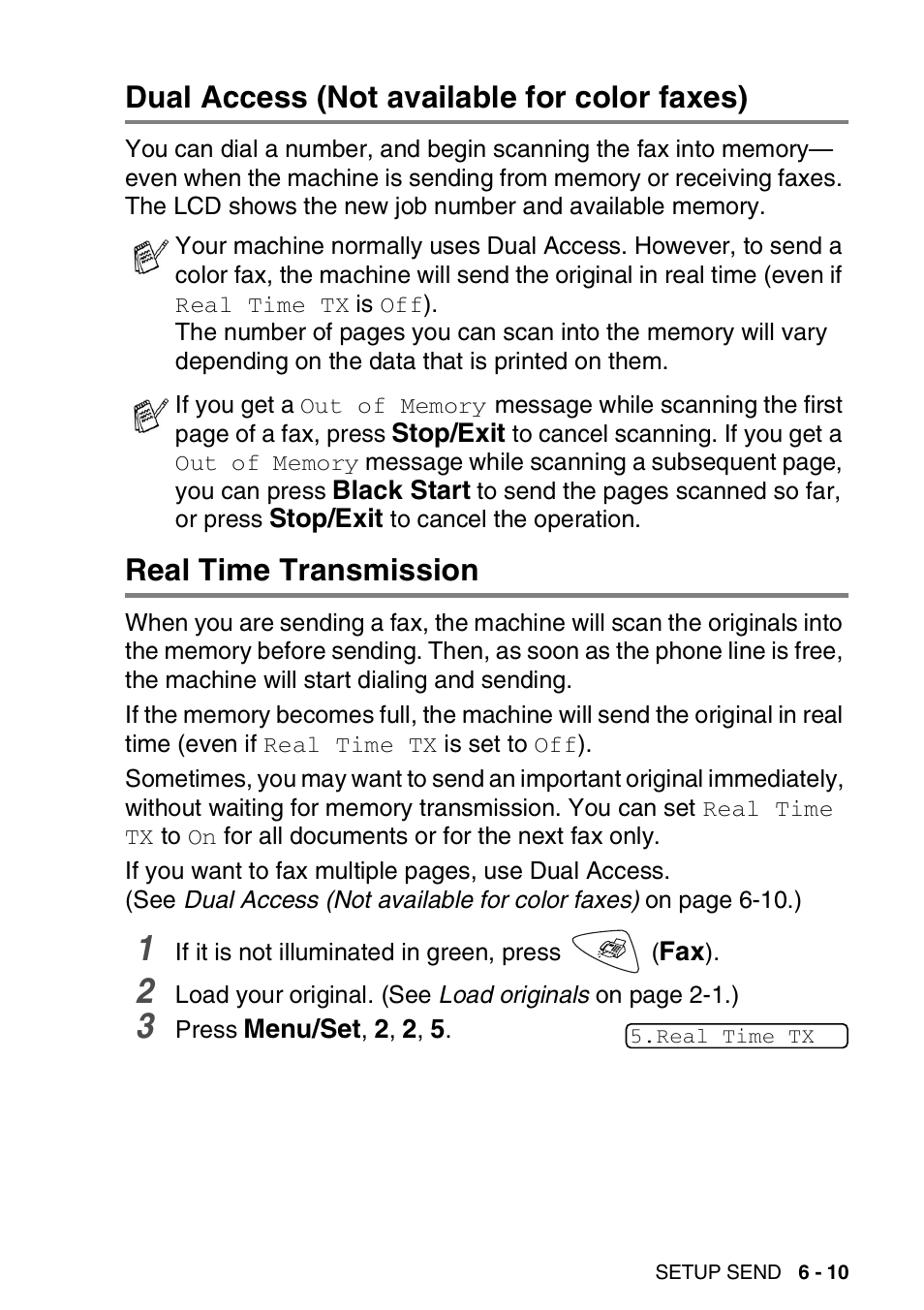 Dual access (not available for color faxes), Real time transmission | Brother FAX-1820C User Manual | Page 89 / 181