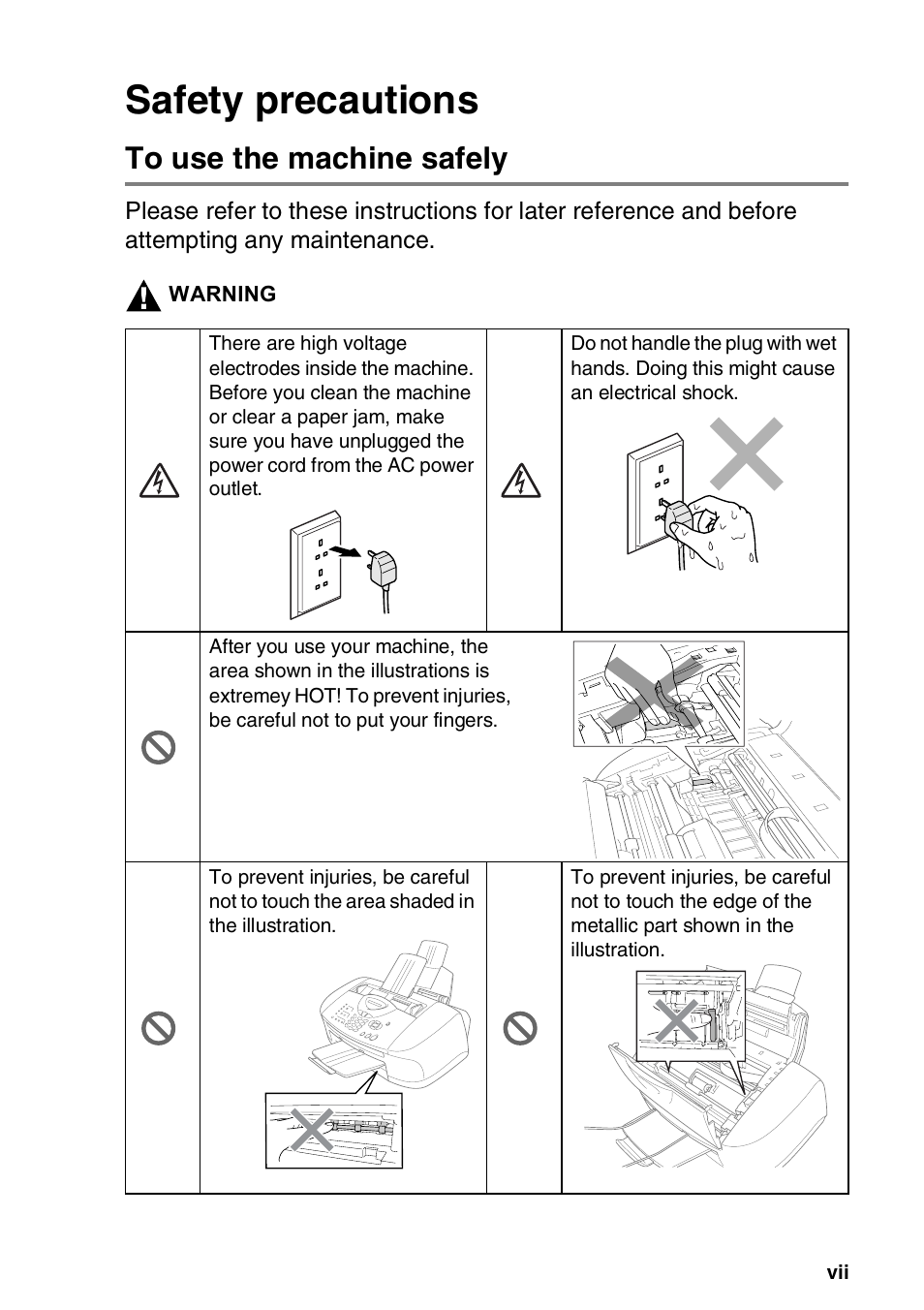 Safety precautions, To use the machine safely | Brother FAX-1820C User Manual | Page 9 / 181