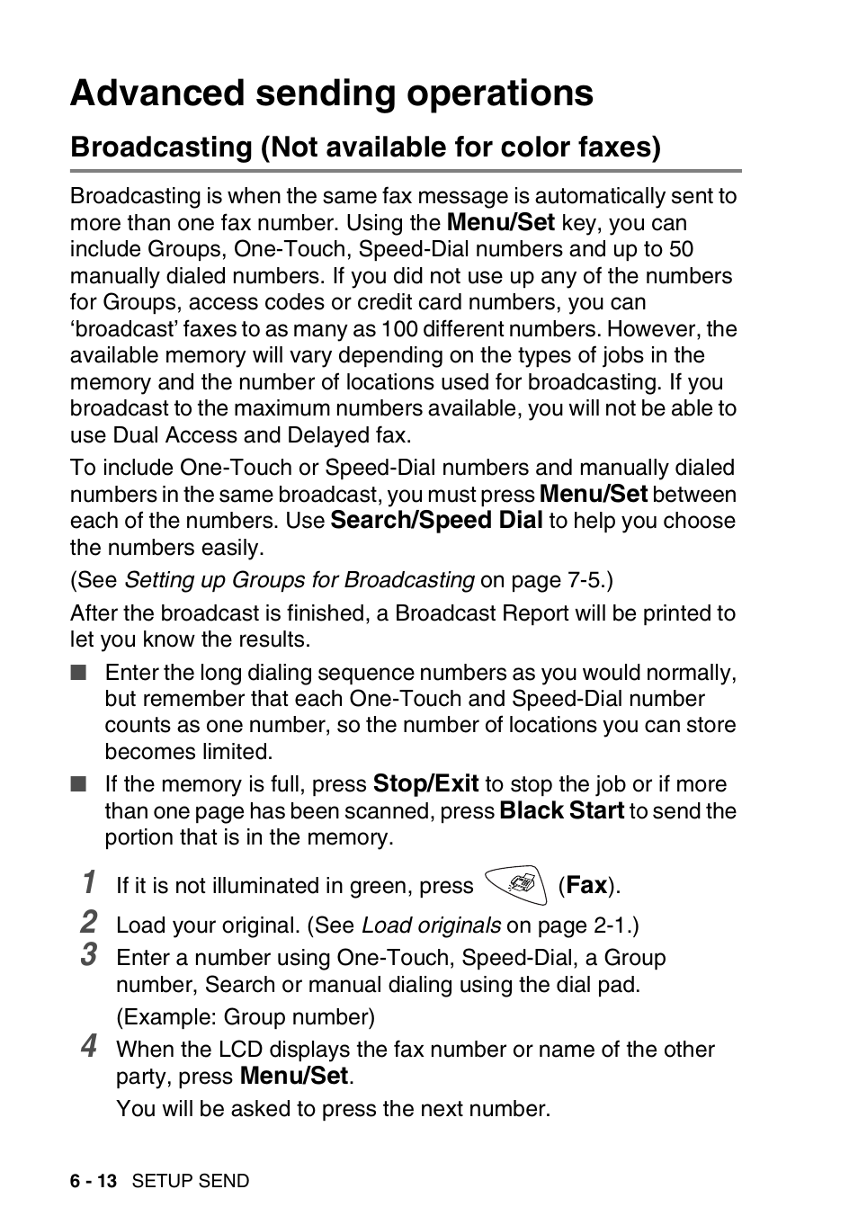 Advanced sending operations, Broadcasting (not available for color faxes), Advanced sending operations -13 | Broadcasting (not available for color faxes) -13 | Brother FAX-1820C User Manual | Page 92 / 181