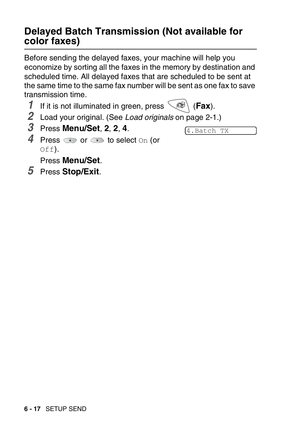 Delayed batch transmission, Not available for color faxes) -17 | Brother FAX-1820C User Manual | Page 96 / 181