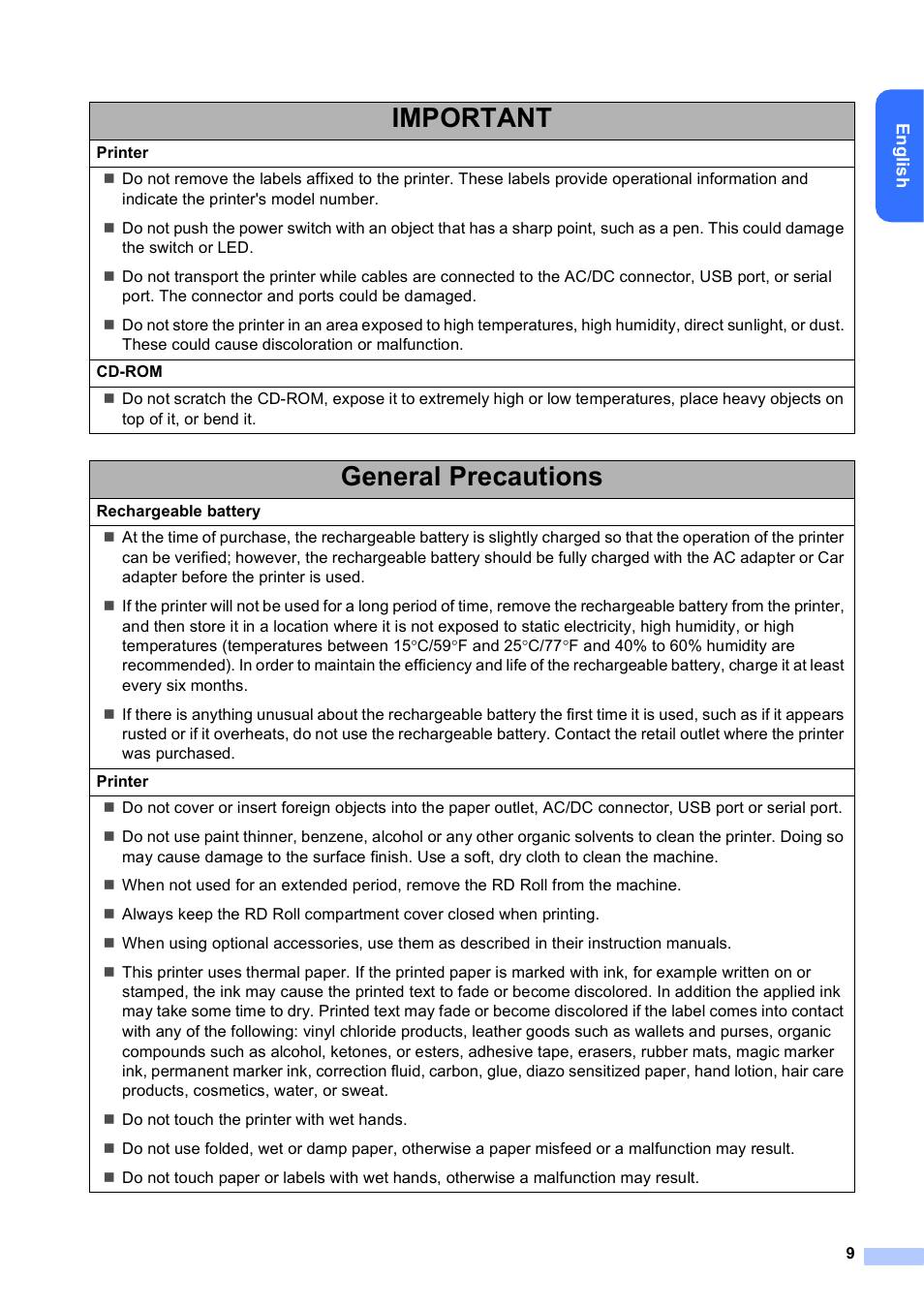 Important, General precautions | Brother RJ-4030 User Manual | Page 10 / 17