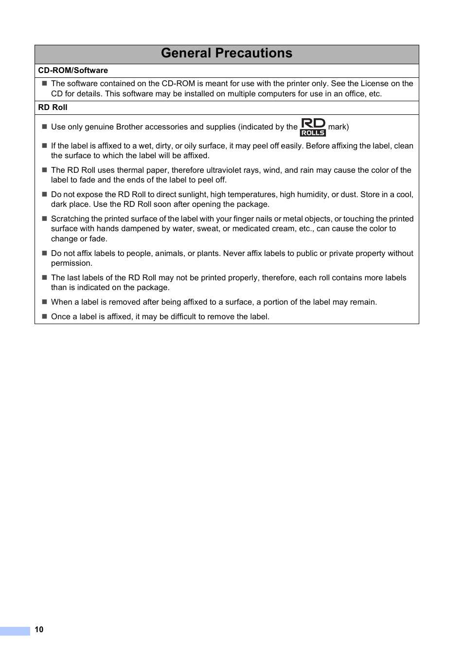 General precautions | Brother RJ-4030 User Manual | Page 11 / 17