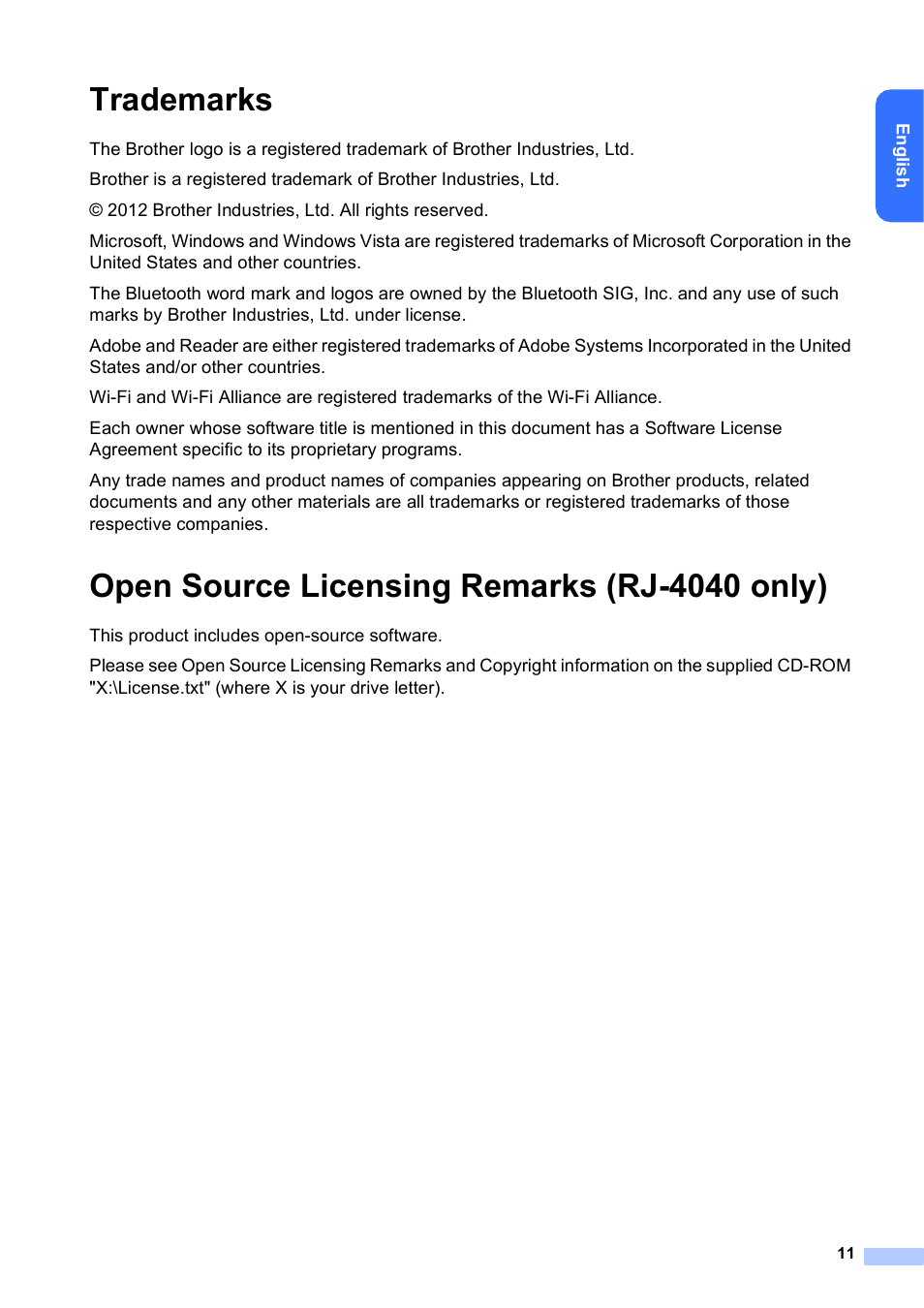 Trademarks, Open source licensing remarks (rj-4040 only) | Brother RJ-4030 User Manual | Page 12 / 17