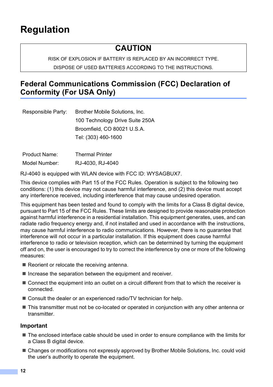 Regulation, Caution | Brother RJ-4030 User Manual | Page 13 / 17