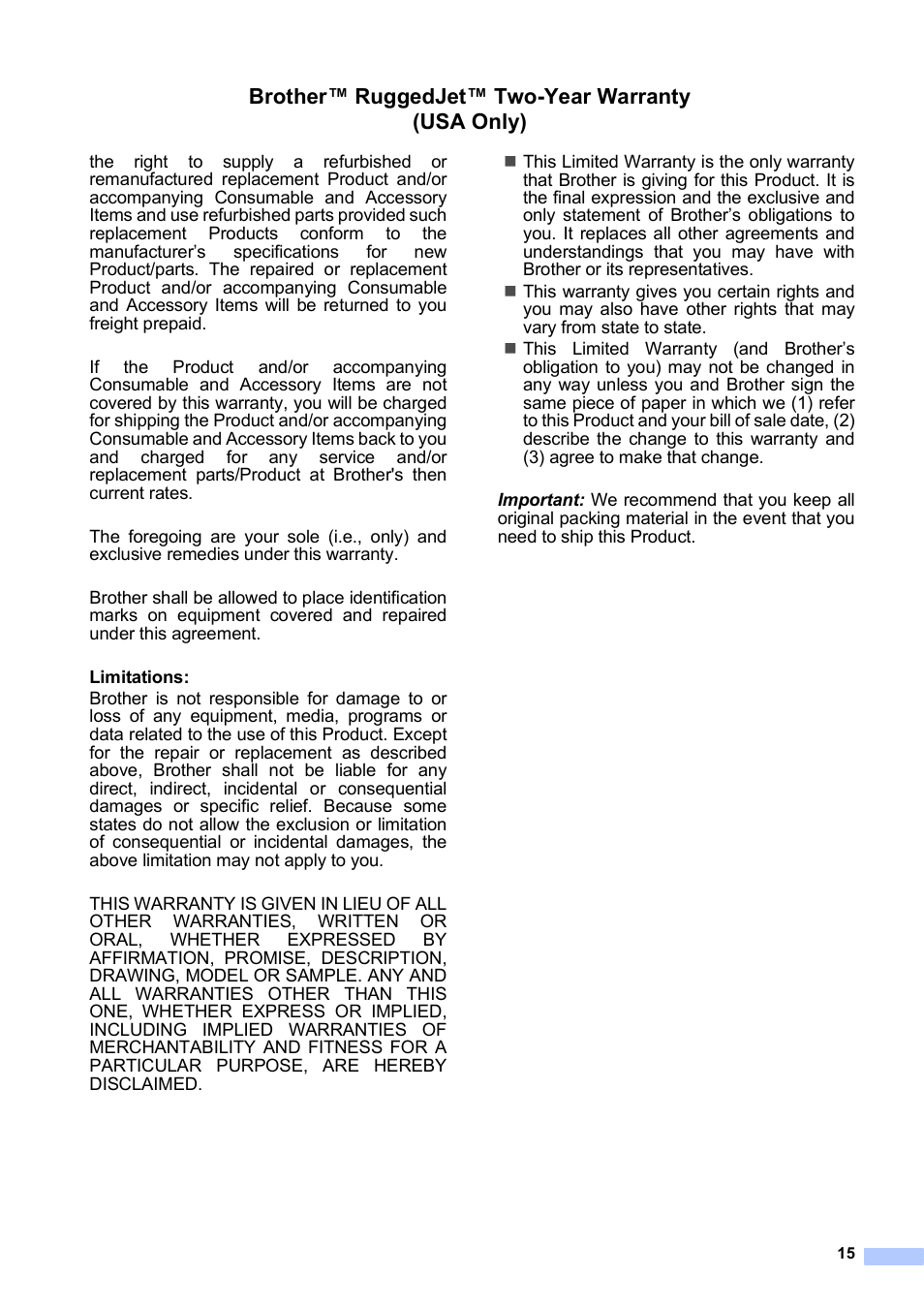 Brother™ ruggedjet™ two-year warranty (usa only) | Brother RJ-4030 User Manual | Page 16 / 17