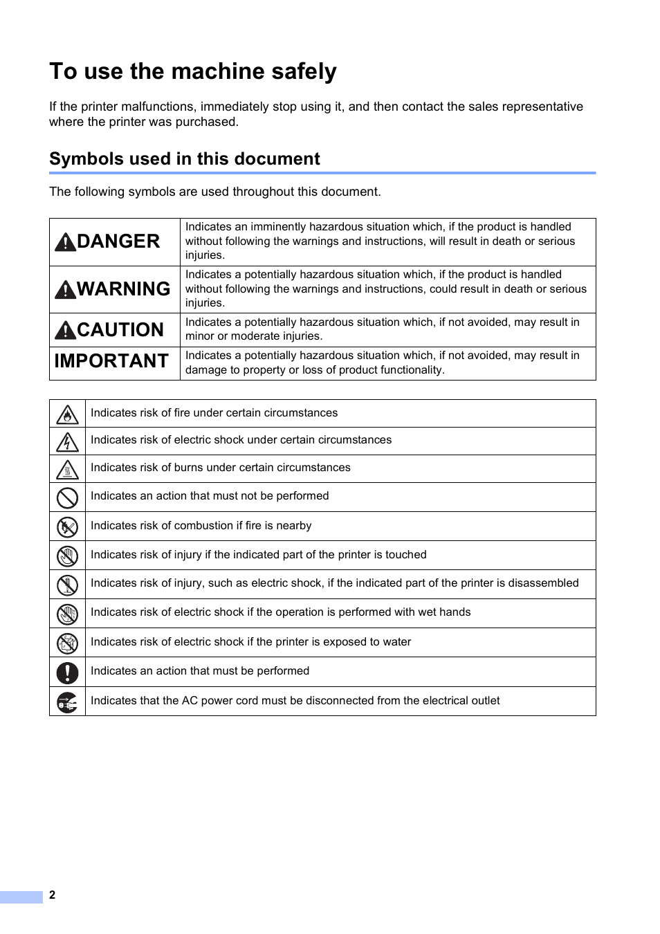 To use the machine safely, Symbols used in this document, Danger | Warning, Caution, Important | Brother RJ-4030 User Manual | Page 3 / 17