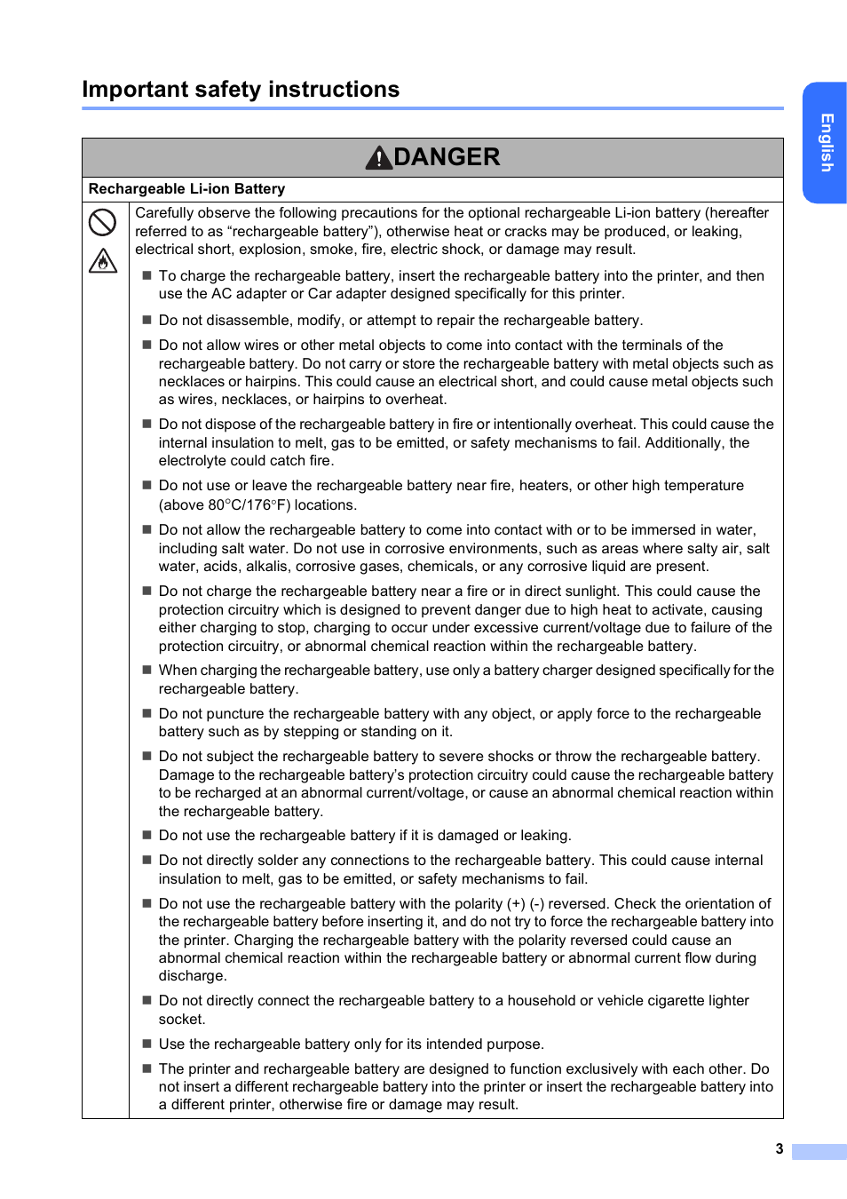 Important safety instructions, Danger | Brother RJ-4030 User Manual | Page 4 / 17