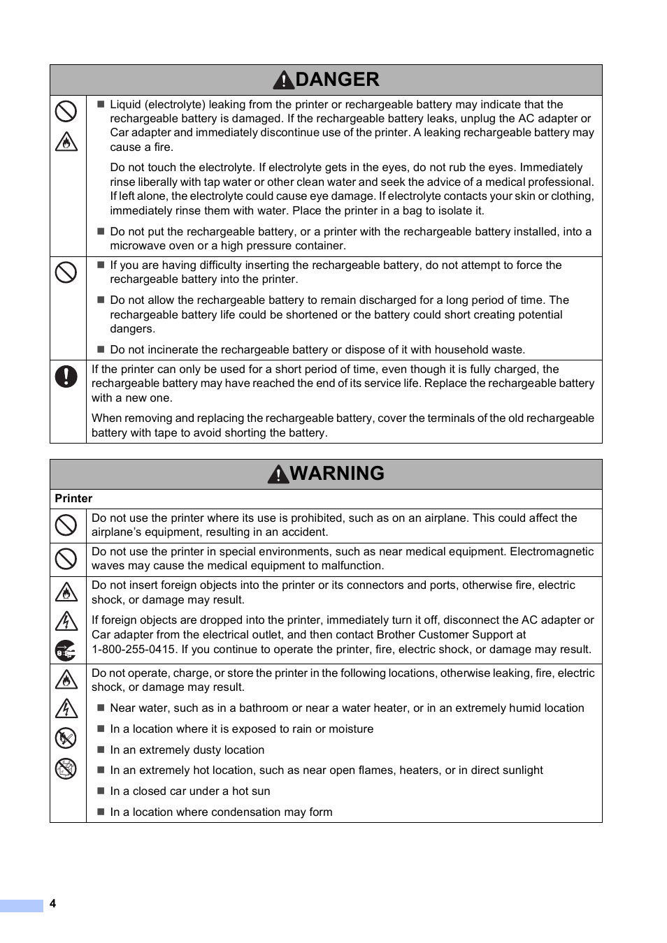 Warning, Danger | Brother RJ-4030 User Manual | Page 5 / 17