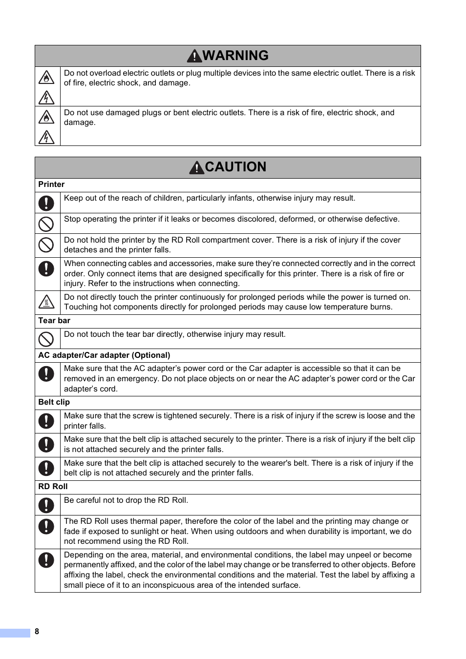 Caution, Warning | Brother RJ-4030 User Manual | Page 9 / 17