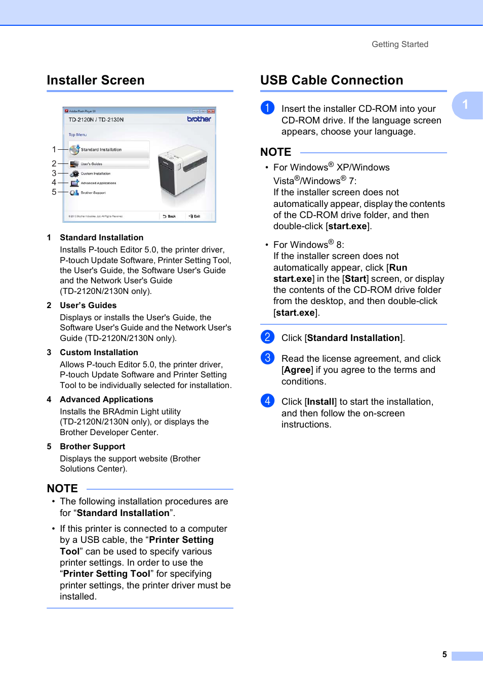 Installer screen, Usb cable connection, Installer screen usb cable connection | 1installer screen | Brother TD-2120N User Manual | Page 11 / 122