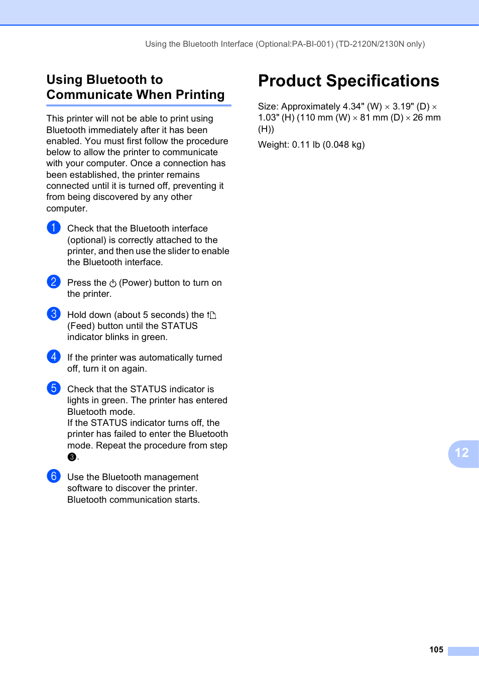 Using bluetooth to communicate when printing, Product specifications, 12 using bluetooth to communicate when printing | Brother TD-2120N User Manual | Page 111 / 122
