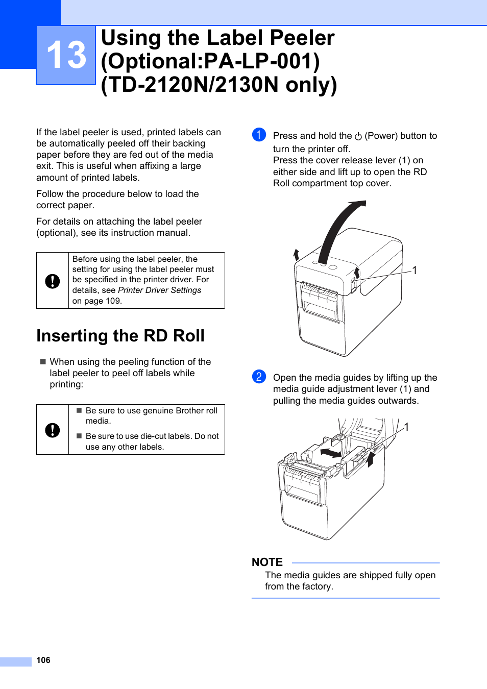 Inserting the rd roll | Brother TD-2120N User Manual | Page 112 / 122
