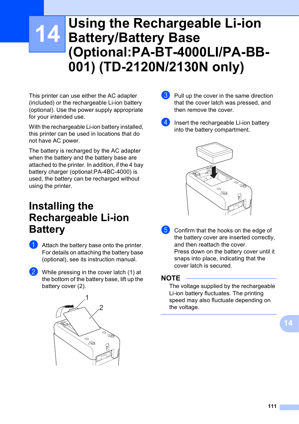 Installing the rechargeable li-ion battery | Brother TD-2120N User Manual | Page 117 / 122