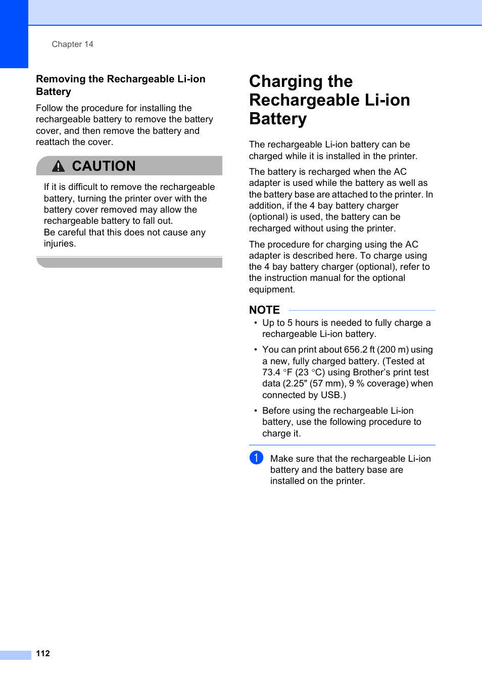 Charging the rechargeable li-ion battery, Caution | Brother TD-2120N User Manual | Page 118 / 122