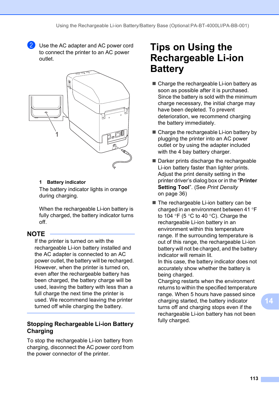 Tips on using the rechargeable li-ion battery | Brother TD-2120N User Manual | Page 119 / 122