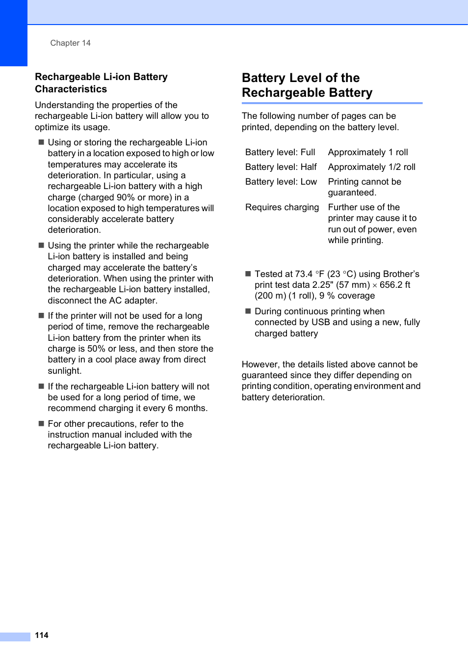 Battery level of the rechargeable battery | Brother TD-2120N User Manual | Page 120 / 122