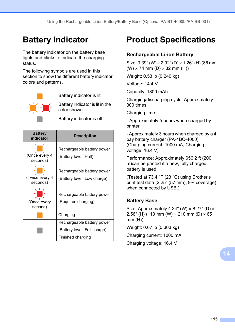 Battery indicator, Product specifications, Battery indicator product specifications | Brother TD-2120N User Manual | Page 121 / 122