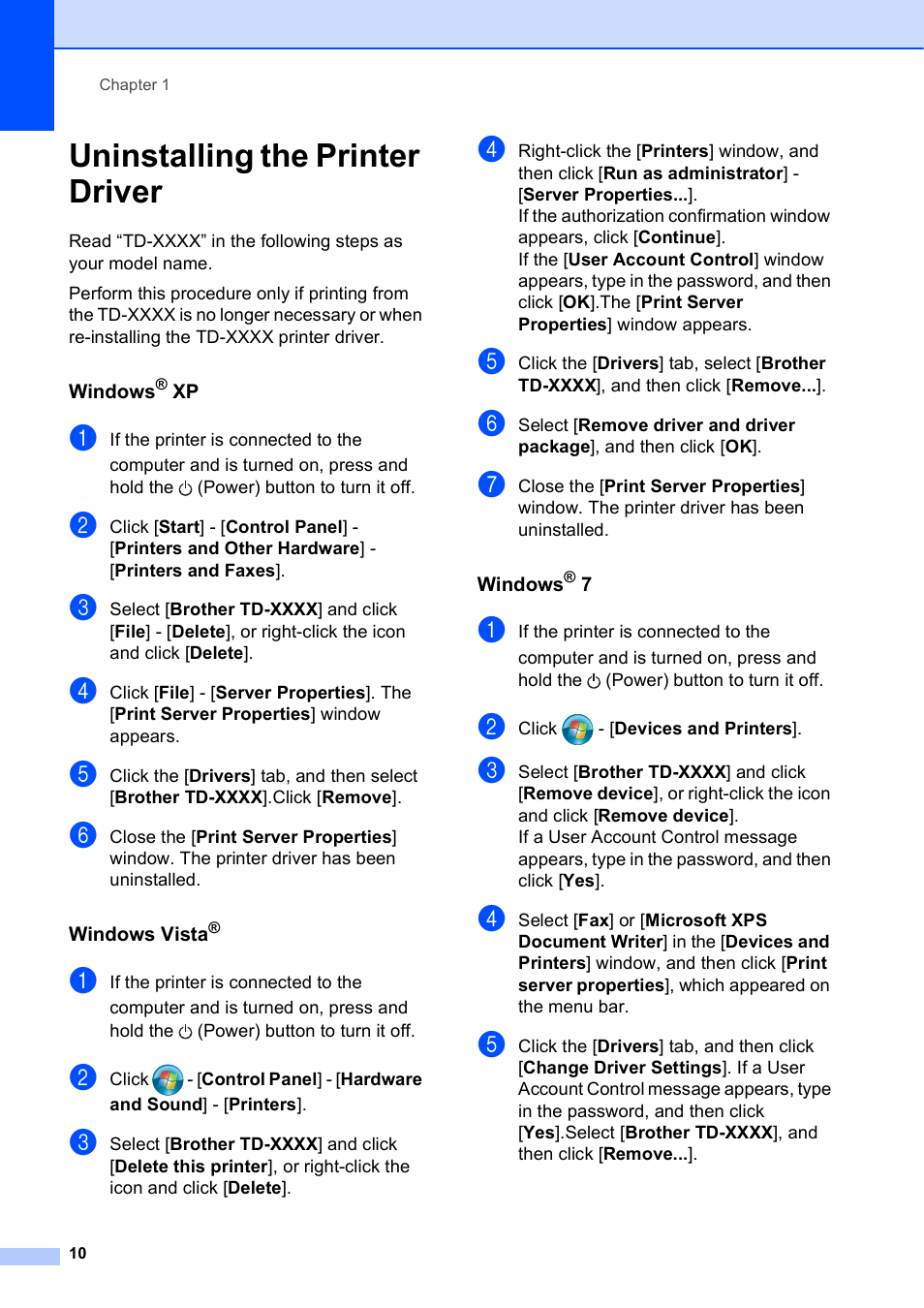 Uninstalling the printer driver | Brother TD-2120N User Manual | Page 16 / 122