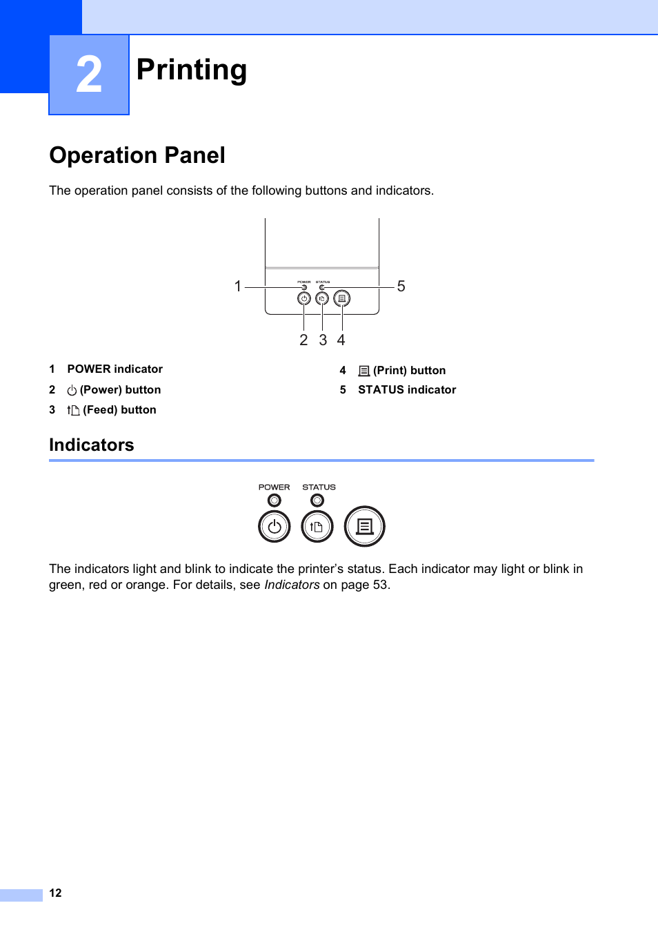 2 printing, Operation panel, Indicators | Printing | Brother TD-2120N User Manual | Page 18 / 122