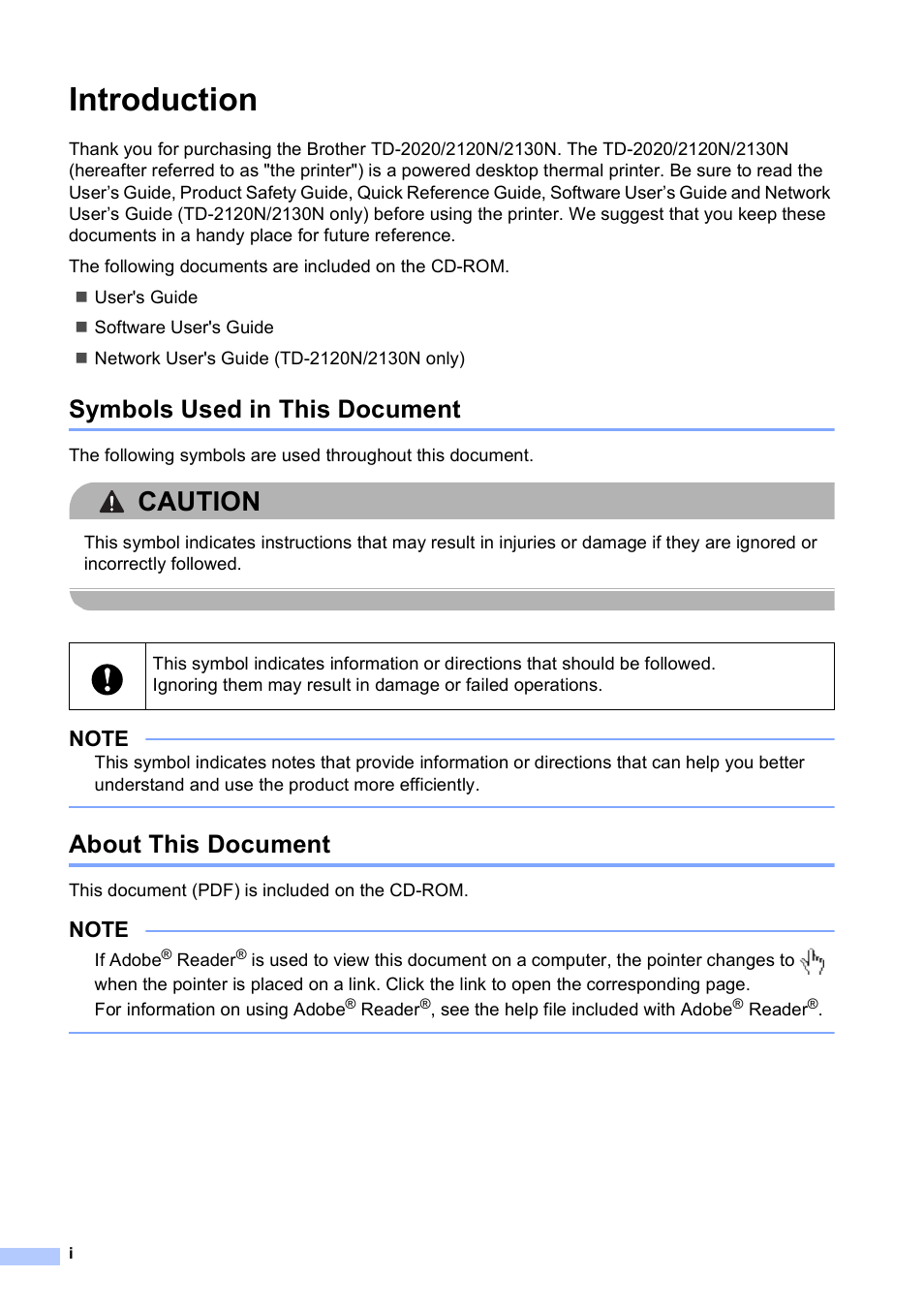 Introduction, Symbols used in this document, About this document | Caution | Brother TD-2120N User Manual | Page 2 / 122