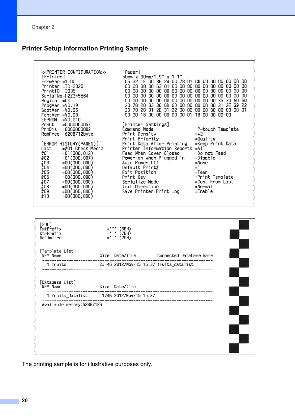 Printer setup information printing sample, Chapter 2 20 | Brother TD-2120N User Manual | Page 26 / 122