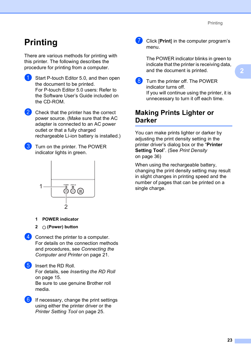 Printing, Making prints lighter or darker | Brother TD-2120N User Manual | Page 29 / 122