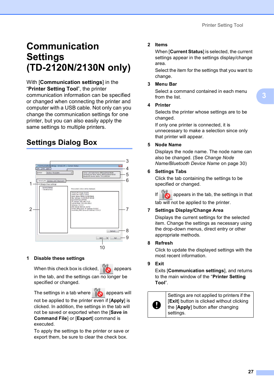 Communication settings (td-2120n/2130n only), Settings dialog box | Brother TD-2120N User Manual | Page 33 / 122