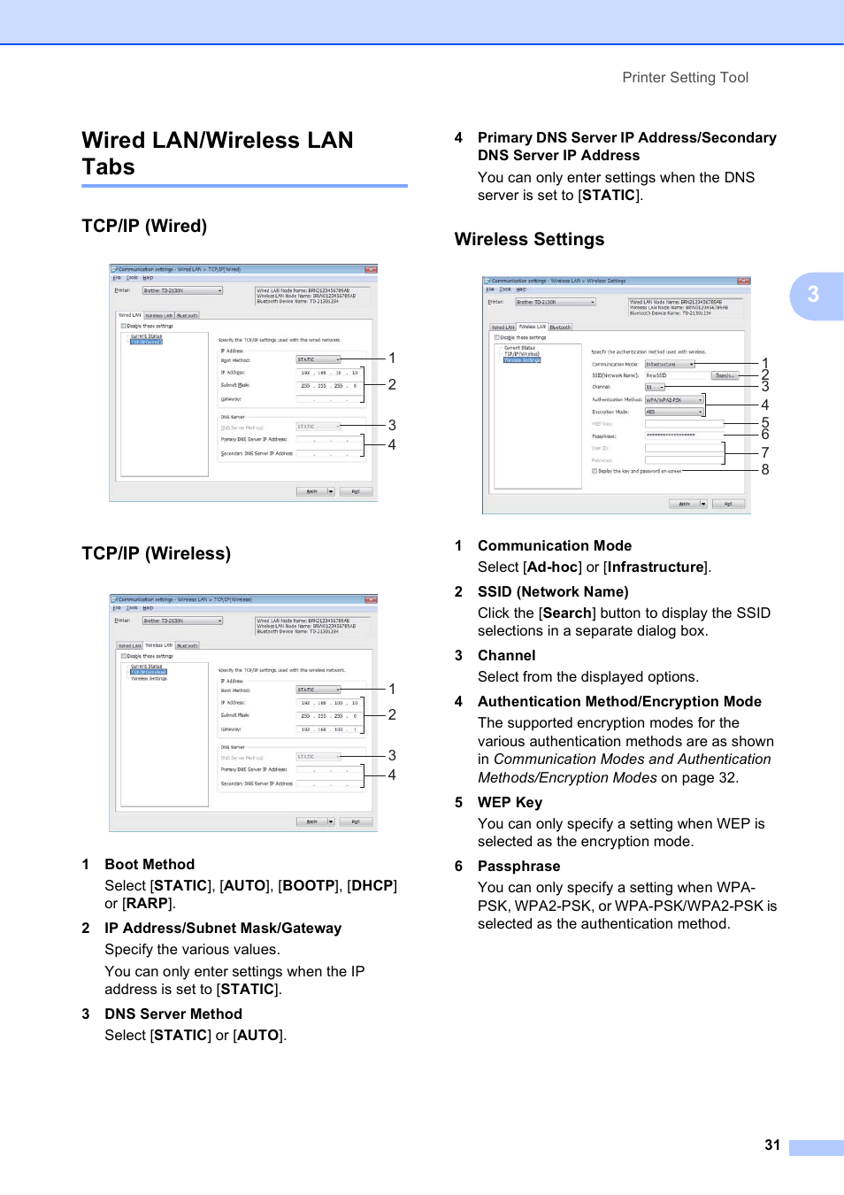 Wired lan/wireless lan tabs, Tcp/ip (wired), Tcp/ip (wireless) | Wireless settings, 3wired lan/wireless lan tabs | Brother TD-2120N User Manual | Page 37 / 122