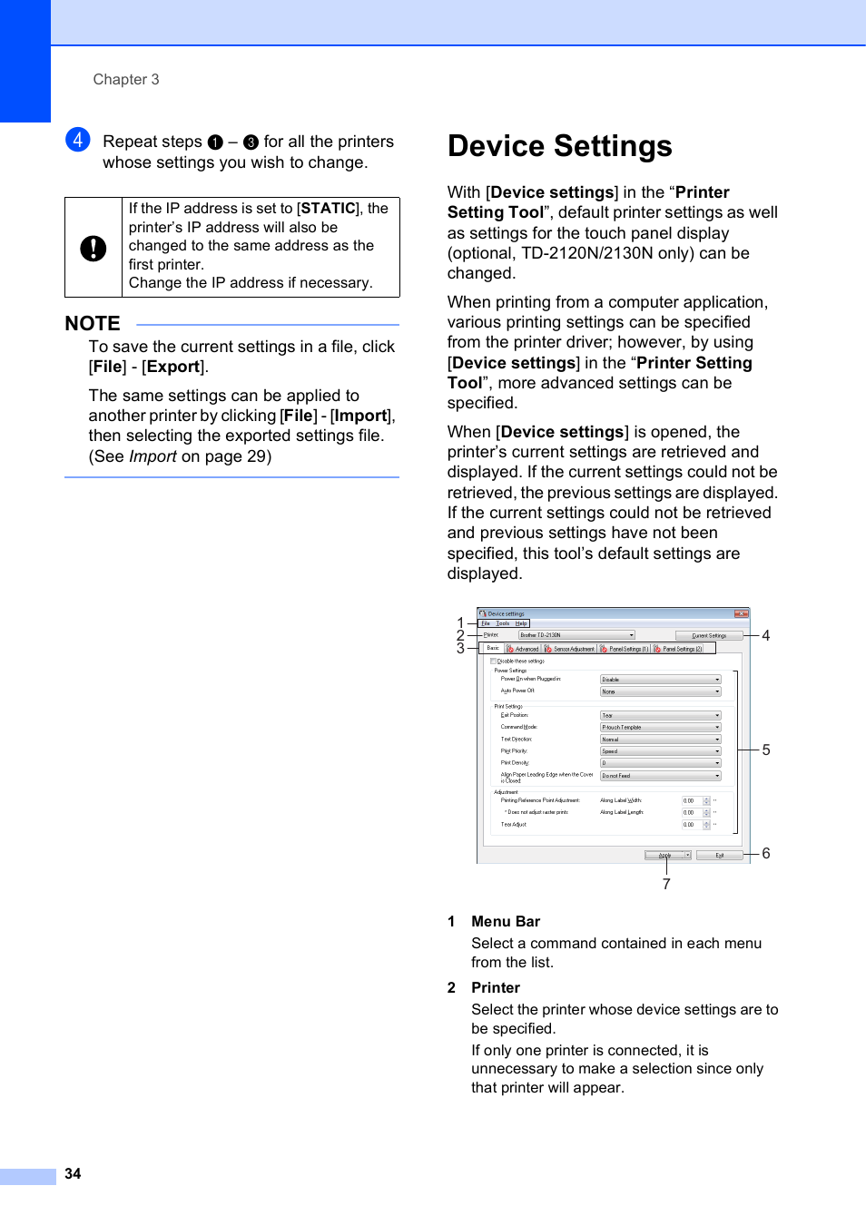 Device settings | Brother TD-2120N User Manual | Page 40 / 122