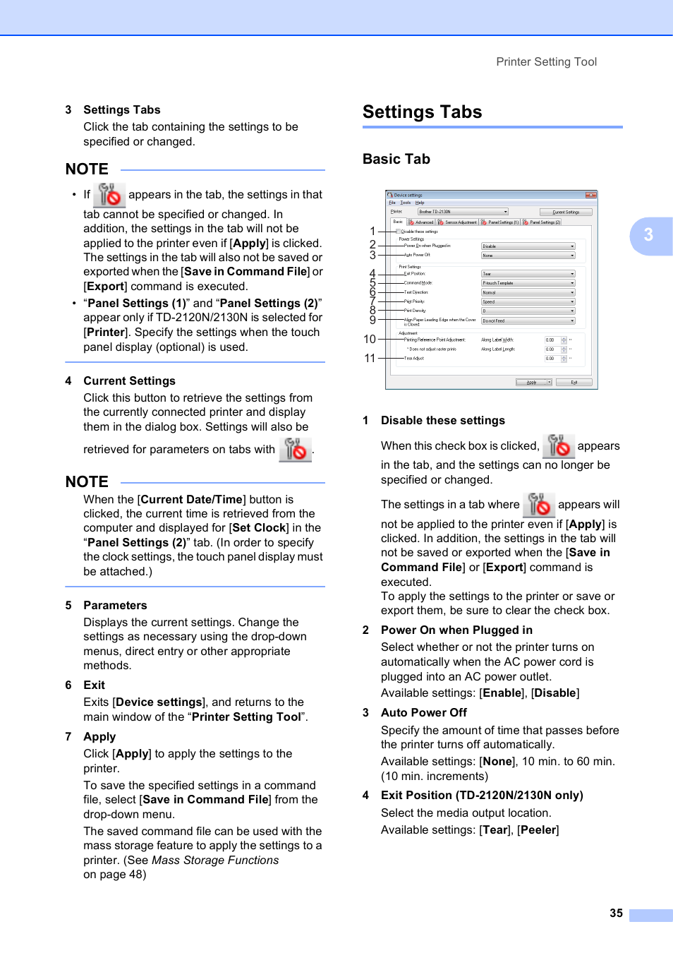Settings tabs, Basic tab | Brother TD-2120N User Manual | Page 41 / 122
