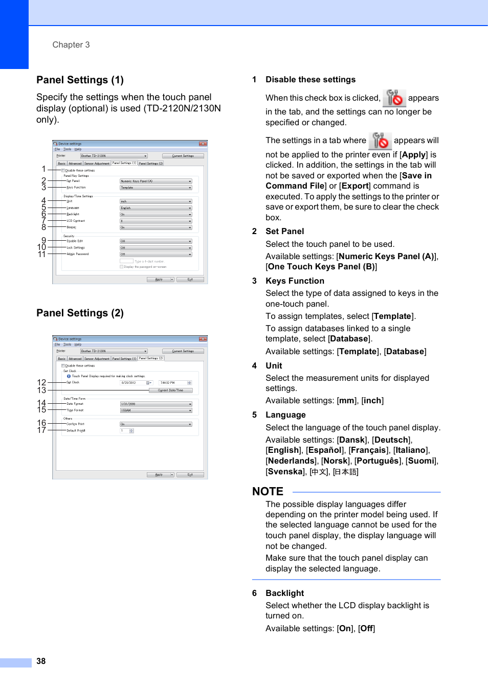 Panel settings (1), Panel settings (2) | Brother TD-2120N User Manual | Page 44 / 122