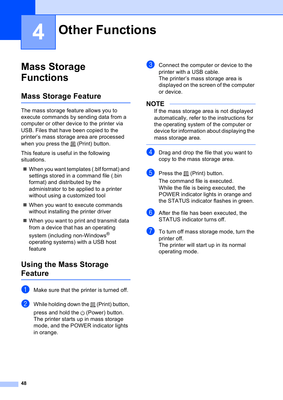 4 other functions, Mass storage functions, Mass storage feature | Using the mass storage feature, Other functions | Brother TD-2120N User Manual | Page 54 / 122