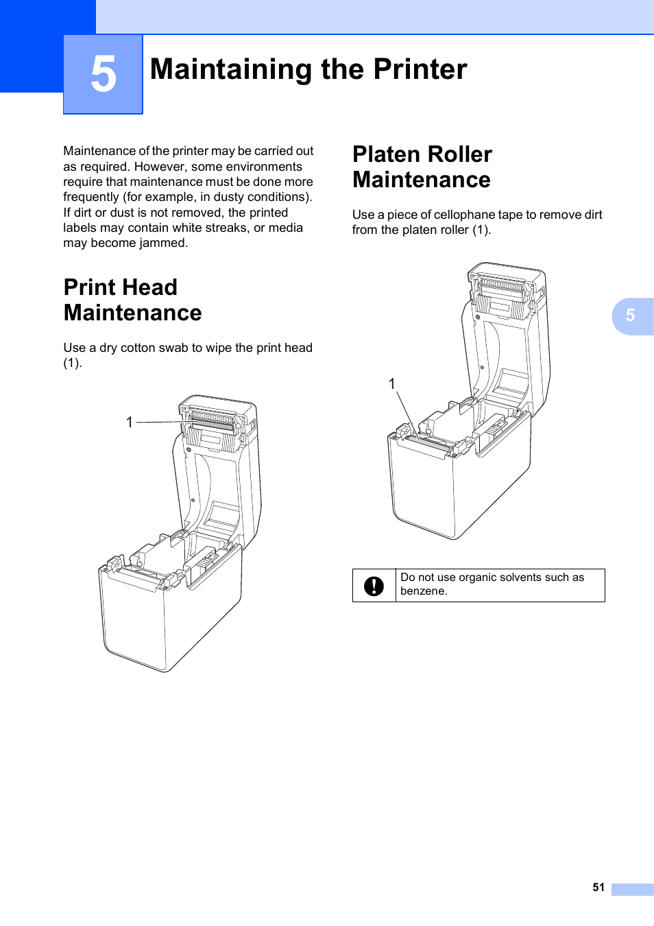 5 maintaining the printer, Print head maintenance, Platen roller maintenance | Maintaining the printer, Print head maintenance platen roller maintenance | Brother TD-2120N User Manual | Page 57 / 122