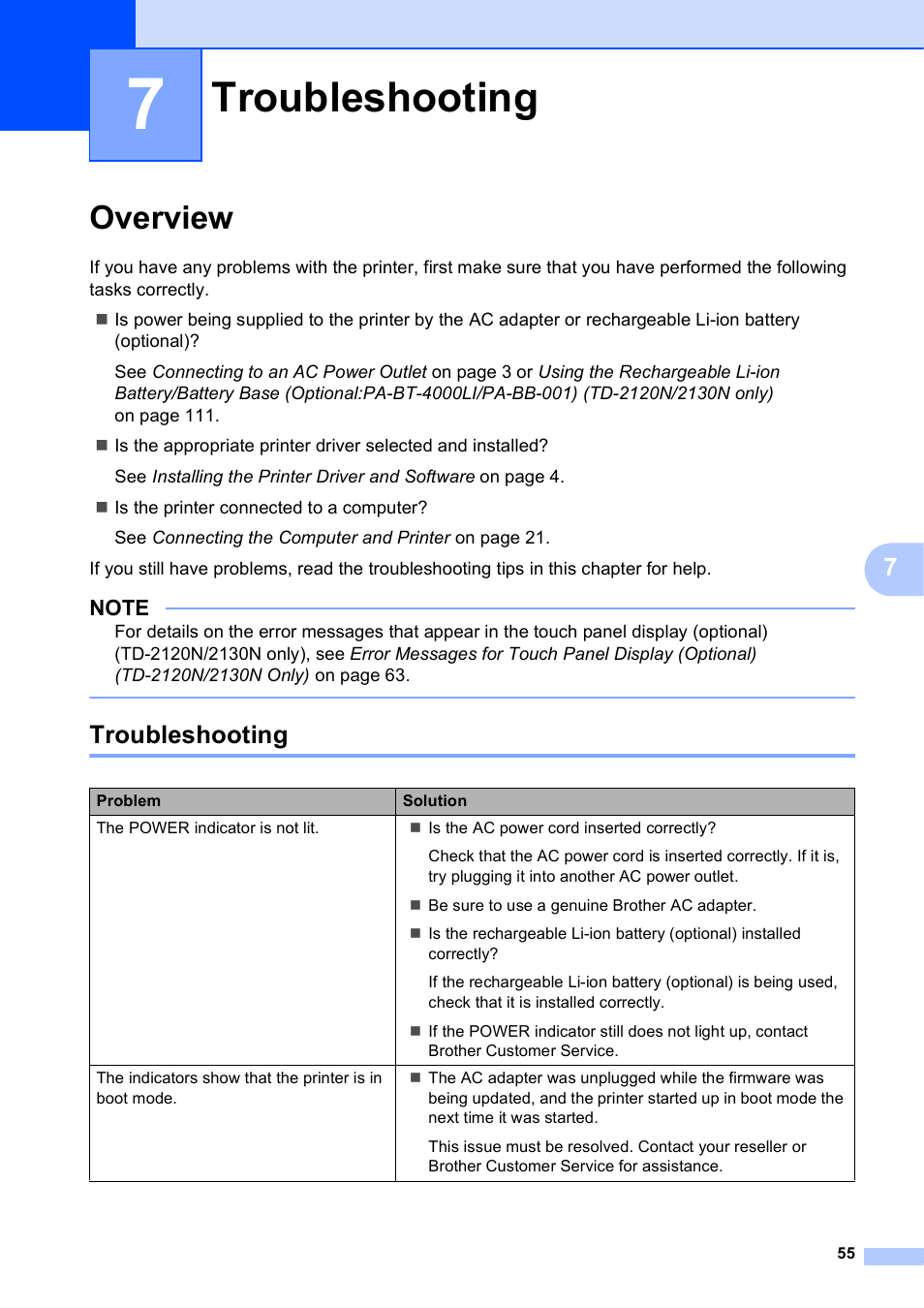 7 troubleshooting, Overview, Troubleshooting | Brother TD-2120N User Manual | Page 61 / 122