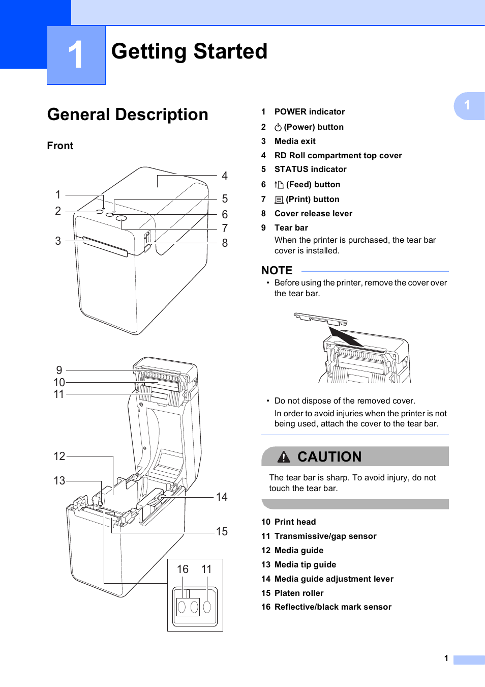 1 getting started, General description, Getting started | Caution | Brother TD-2120N User Manual | Page 7 / 122