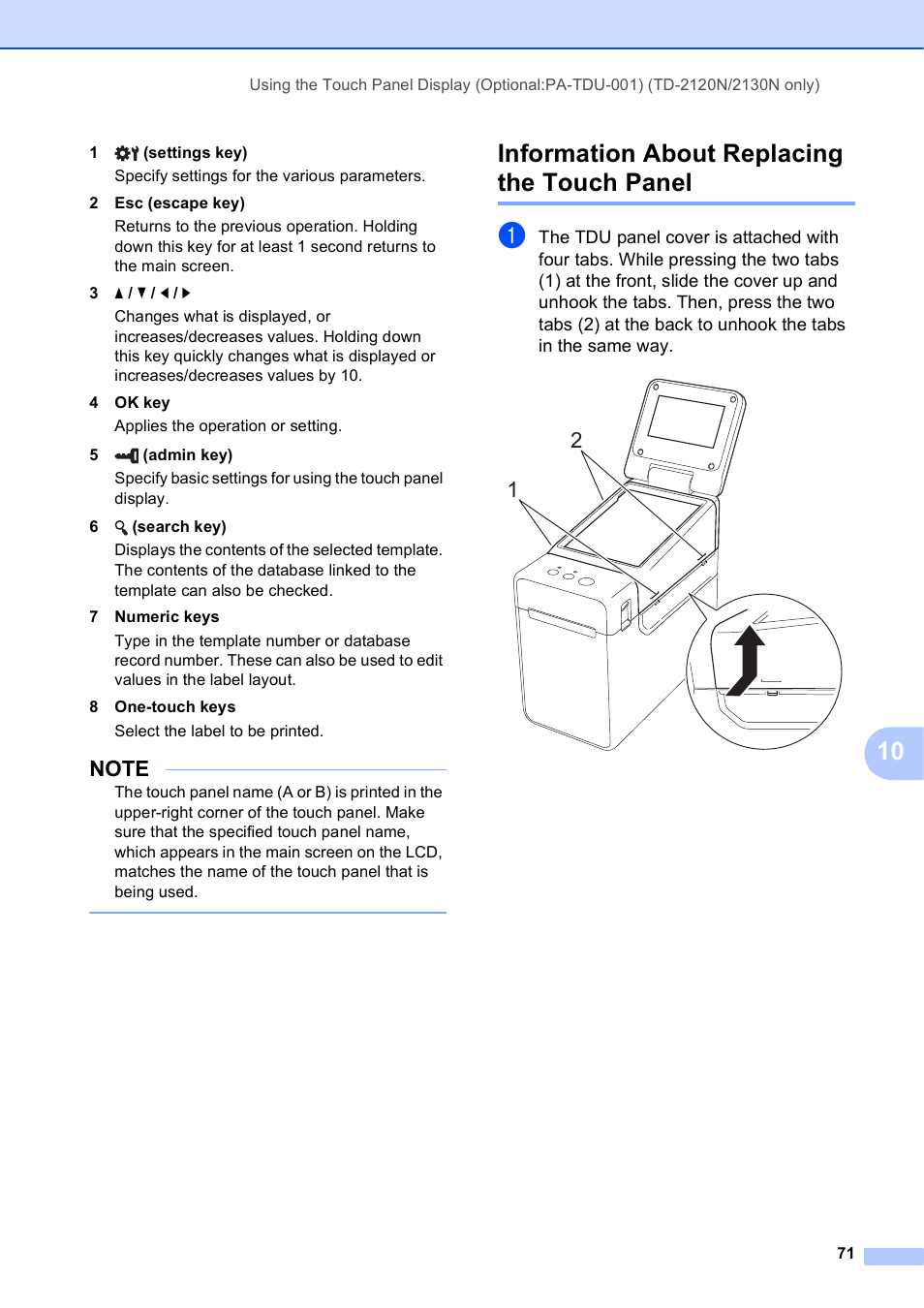 Information about replacing the touch panel | Brother TD-2120N User Manual | Page 77 / 122