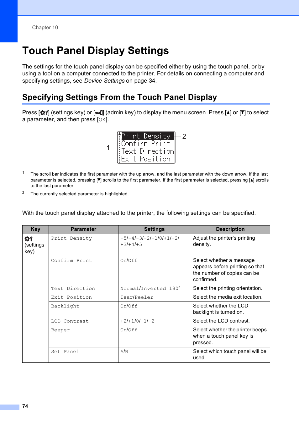 Touch panel display settings, Specifying settings from the touch panel display | Brother TD-2120N User Manual | Page 80 / 122