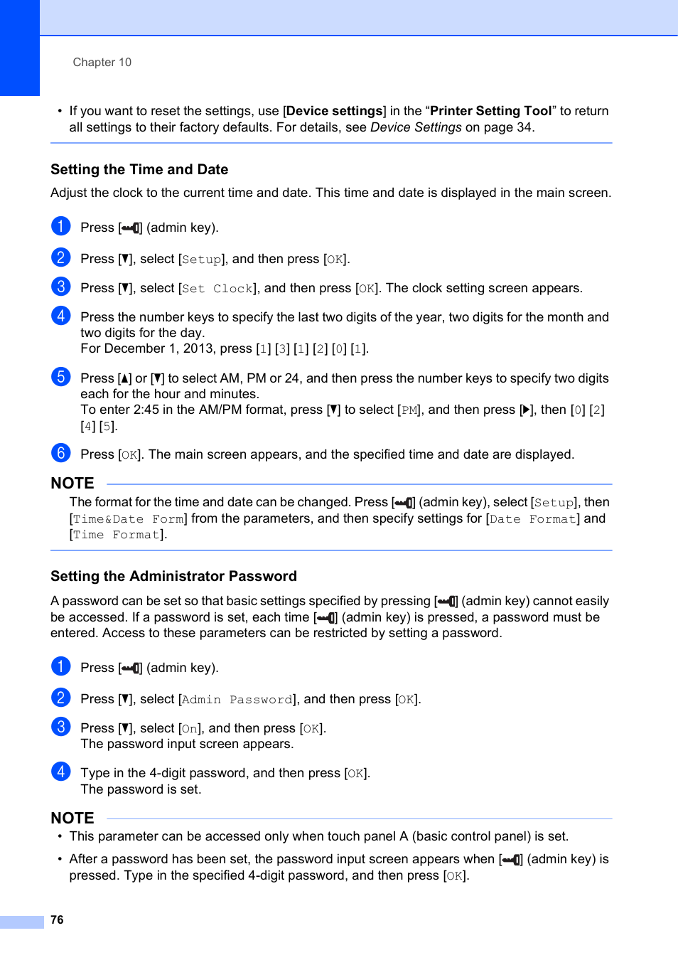 Setting the time and date, Setting the administrator password | Brother TD-2120N User Manual | Page 82 / 122