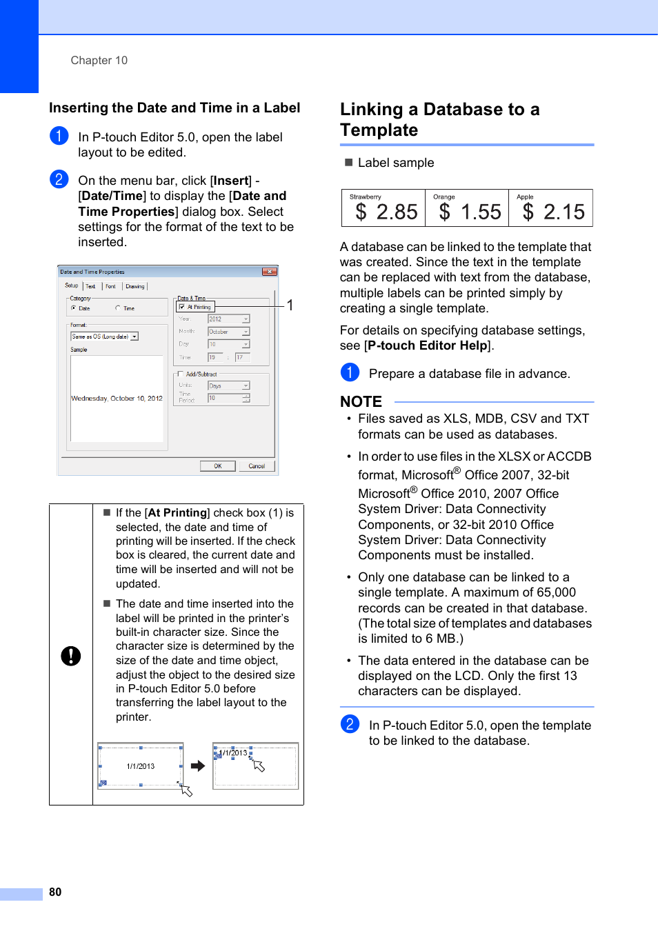 Inserting the date and time in a label, Linking a database to a template | Brother TD-2120N User Manual | Page 86 / 122