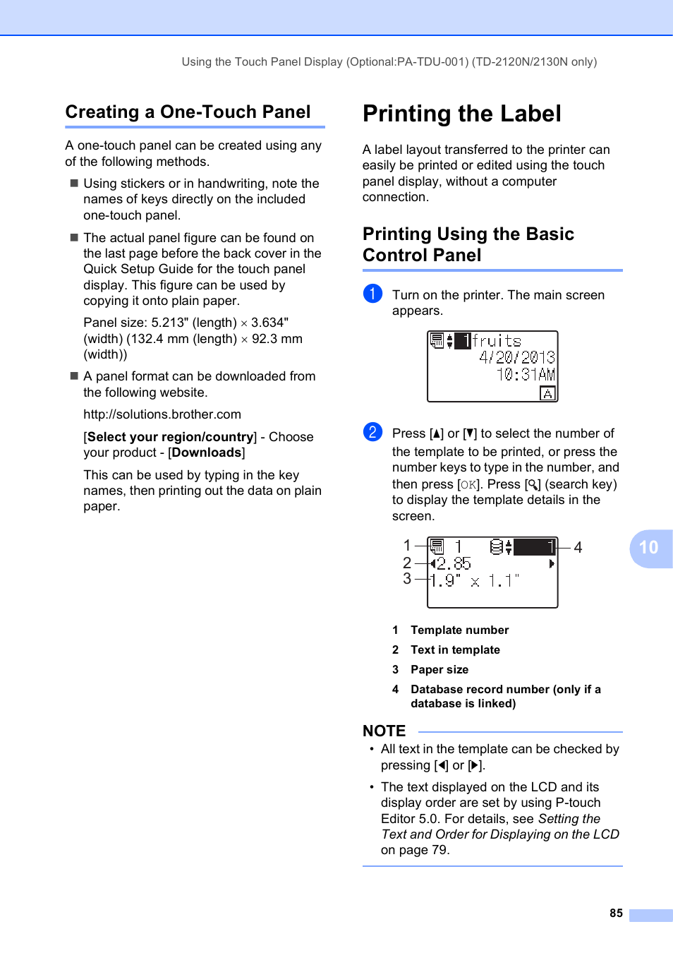 Creating a one-touch panel, Printing the label, Printing using the basic control panel | 10 creating a one-touch panel | Brother TD-2120N User Manual | Page 91 / 122