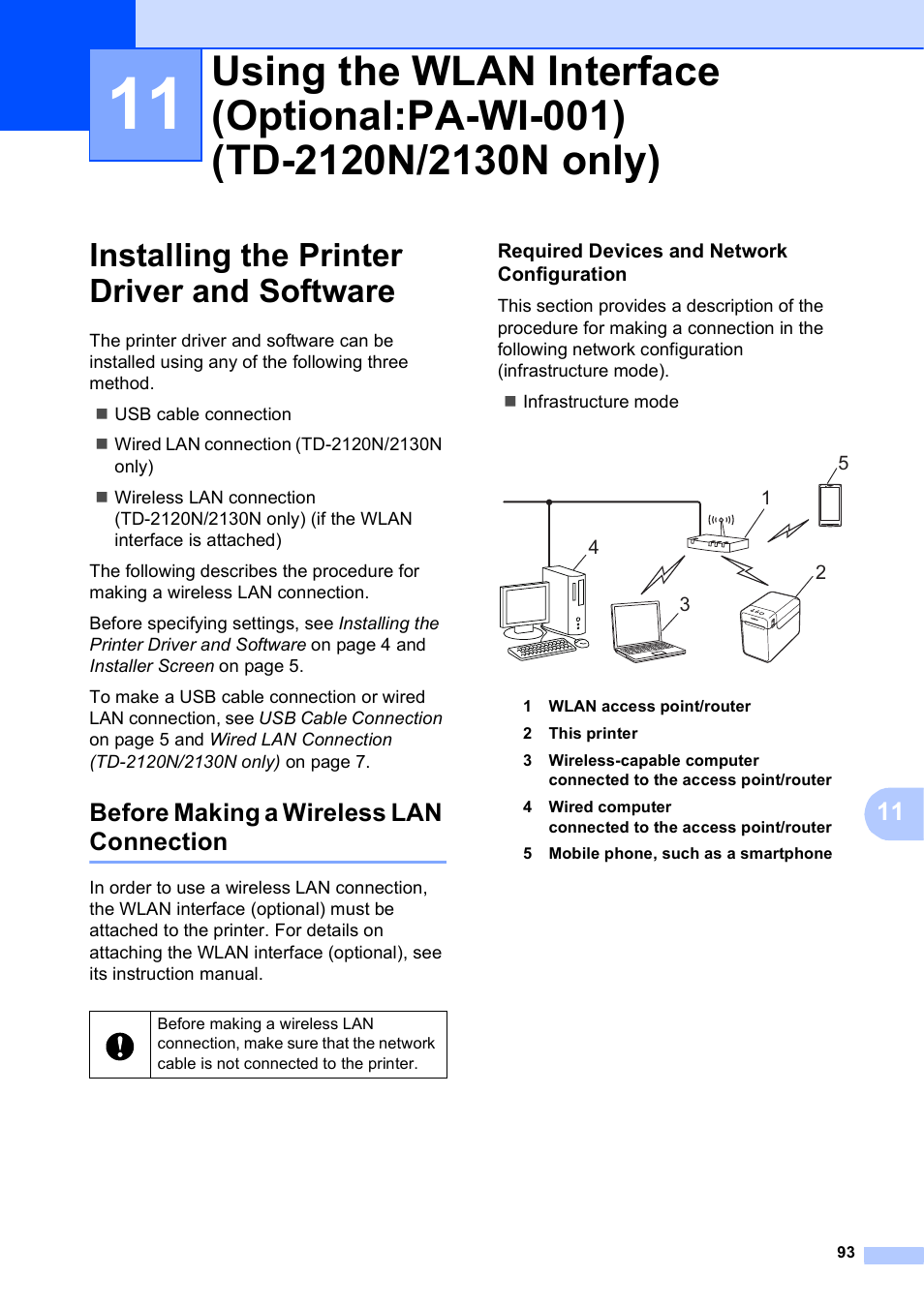 Installing the printer driver and software, Before making a wireless lan connection | Brother TD-2120N User Manual | Page 99 / 122