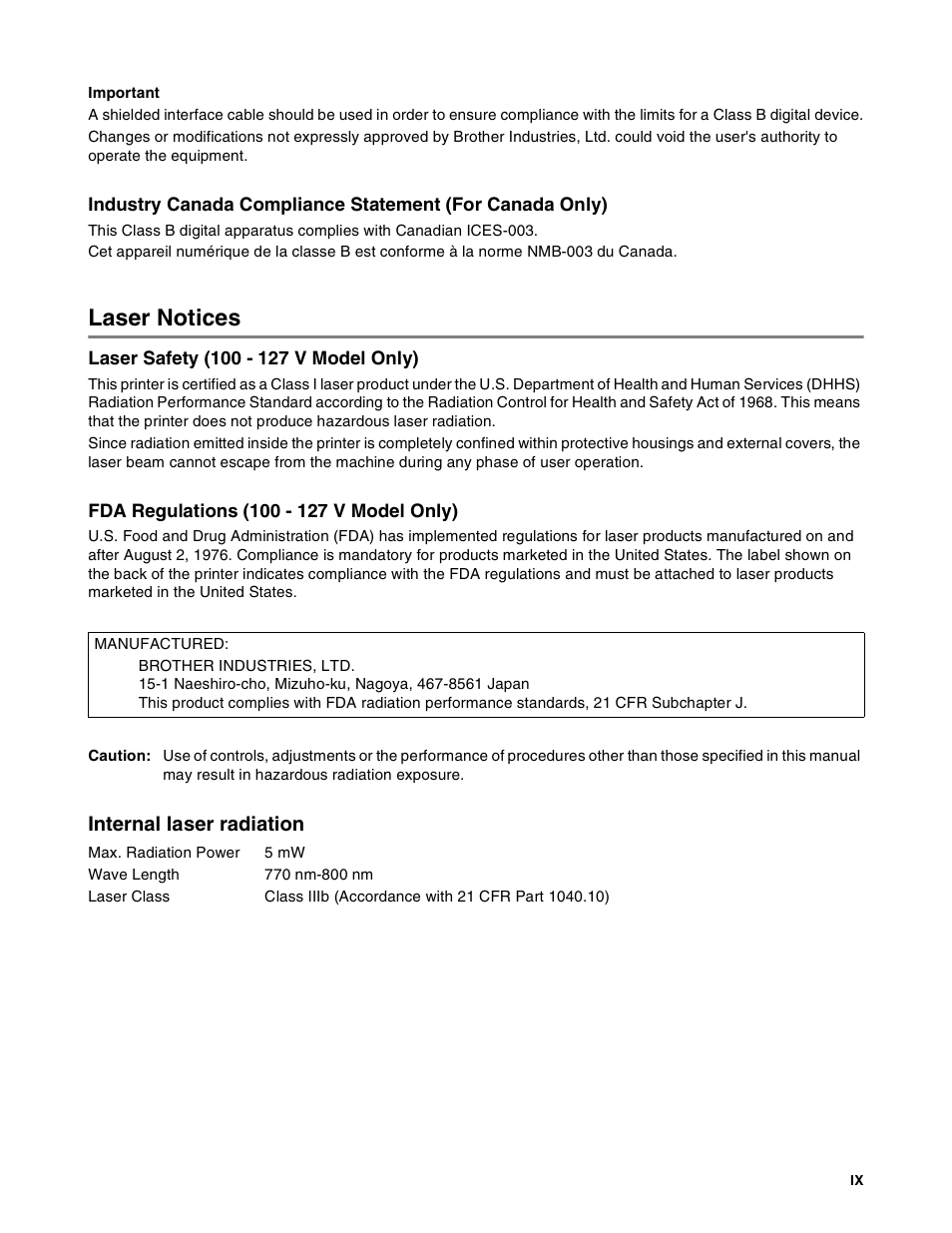 Laser notices, Internal laser radiation | Brother HL-8050N User Manual | Page 10 / 216